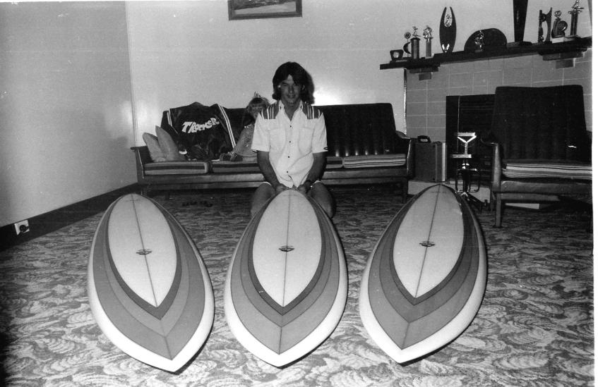 Redhead's Col Smith with boards for Hawaii 1976