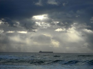 Redhead beach clouds over ship 08-12-13